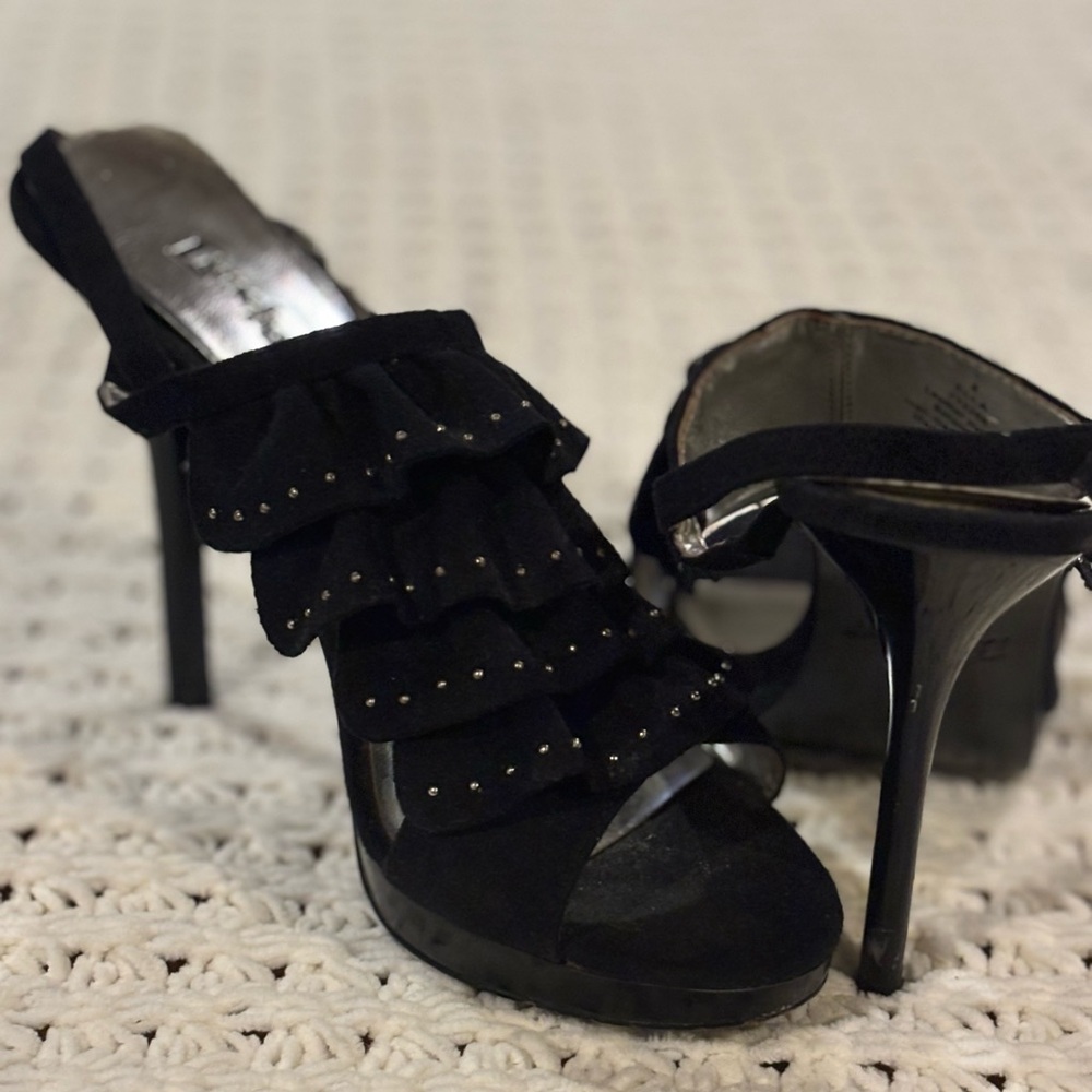 Black Leather Suede Ruffle Heels with Studs